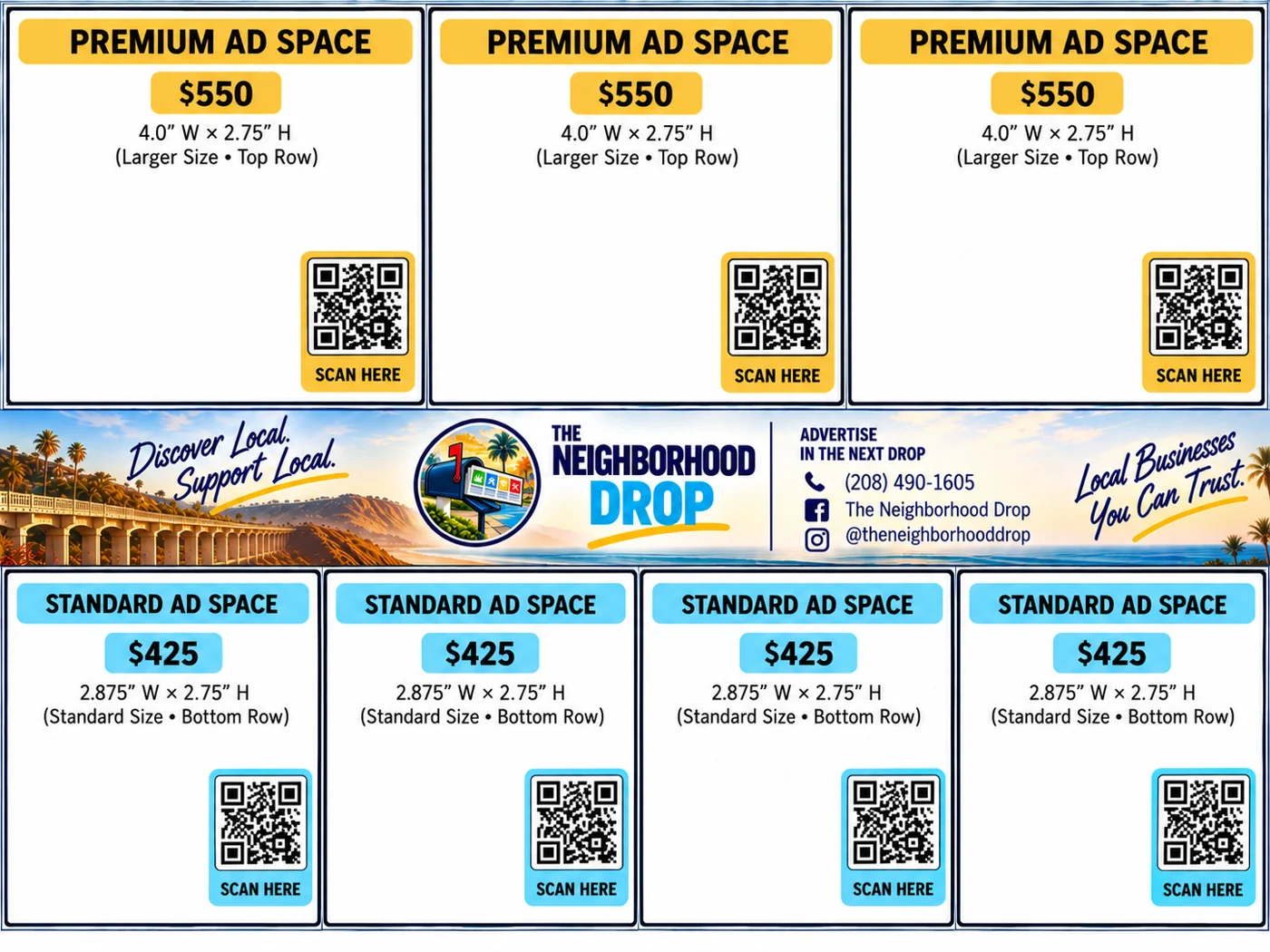 The Neighborhood Drop advertising template showing three premium ad spaces above and four standard spaces below a coastal branding strip